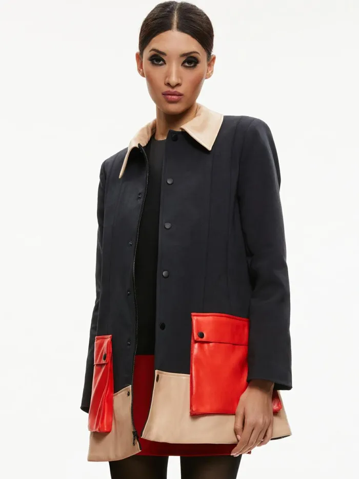 Womens Jackets Coats Alice Olivia Shonta Colorblock Pocket Jacket Blackalmondperfect Ruby