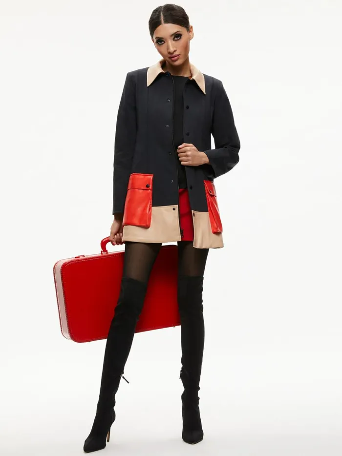 Womens Jackets Coats Alice Olivia Shonta Colorblock Pocket Jacket Blackalmondperfect Ruby