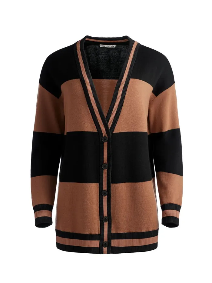 Womens Sweaters Alice Olivia Barry Oversized VNeck Cardigan Camelblack Stripe Womens Sweaters Alice Olivia Barry Oversized VNeck Cardigan Camelblack Stripe