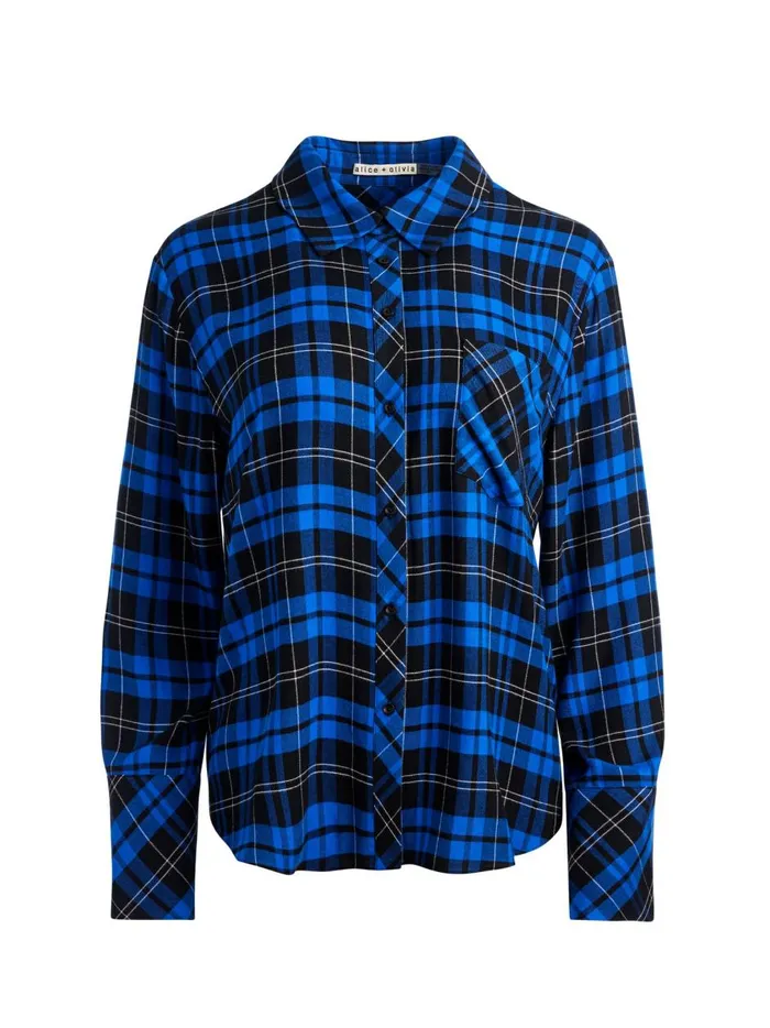 Womens Tops Alice Olivia Finely Flannel Button Down Schoolgirl Plaid Sapphire Womens Tops Alice Olivia Finely Flannel Button Down Schoolgirl Plaid Sapphire