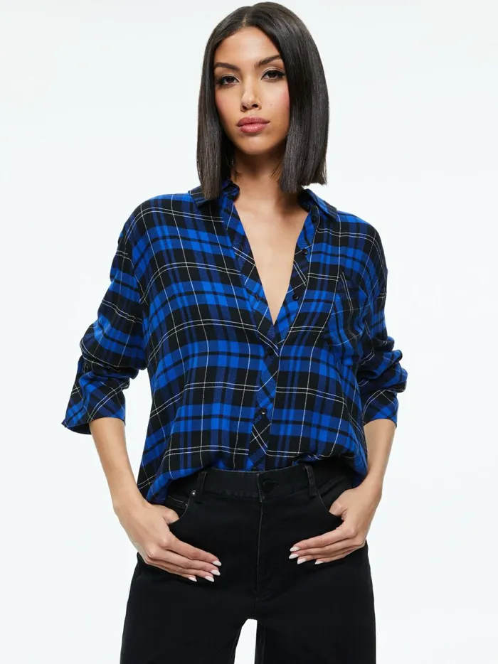 Womens Tops Alice Olivia Finely Flannel Button Down Schoolgirl Plaid Sapphire