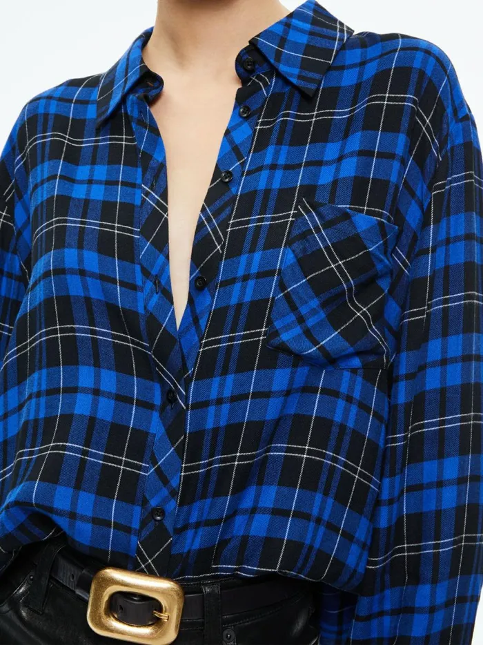 Womens Tops Alice Olivia Finely Flannel Button Down Schoolgirl Plaid Sapphire