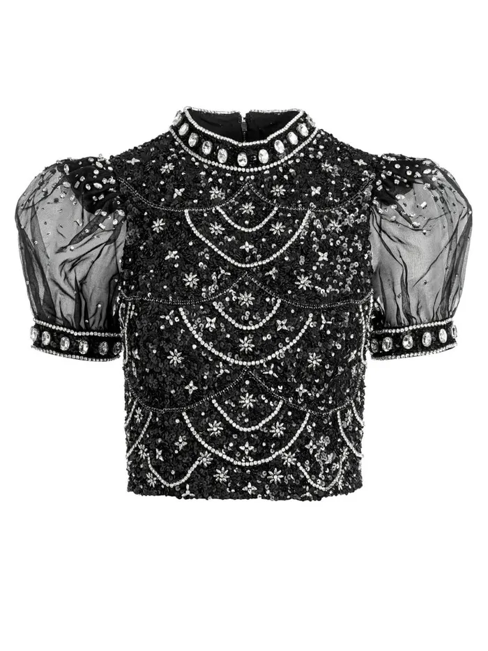 Womens Tops Alice Olivia Kristina Embellished Puff Sleeve Crop Top Blackmulti Womens Tops Alice Olivia Kristina Embellished Puff Sleeve Crop Top Blackmulti