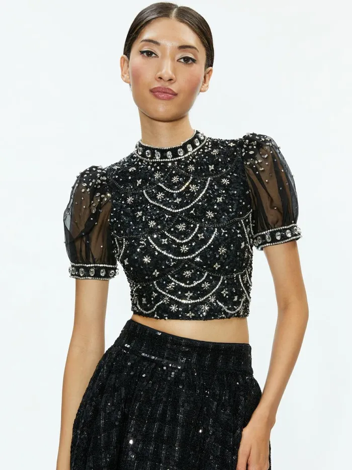Womens Tops Alice Olivia Kristina Embellished Puff Sleeve Crop Top Blackmulti