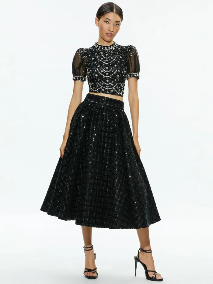 Womens Tops Alice Olivia Kristina Embellished Puff Sleeve Crop Top Blackmulti