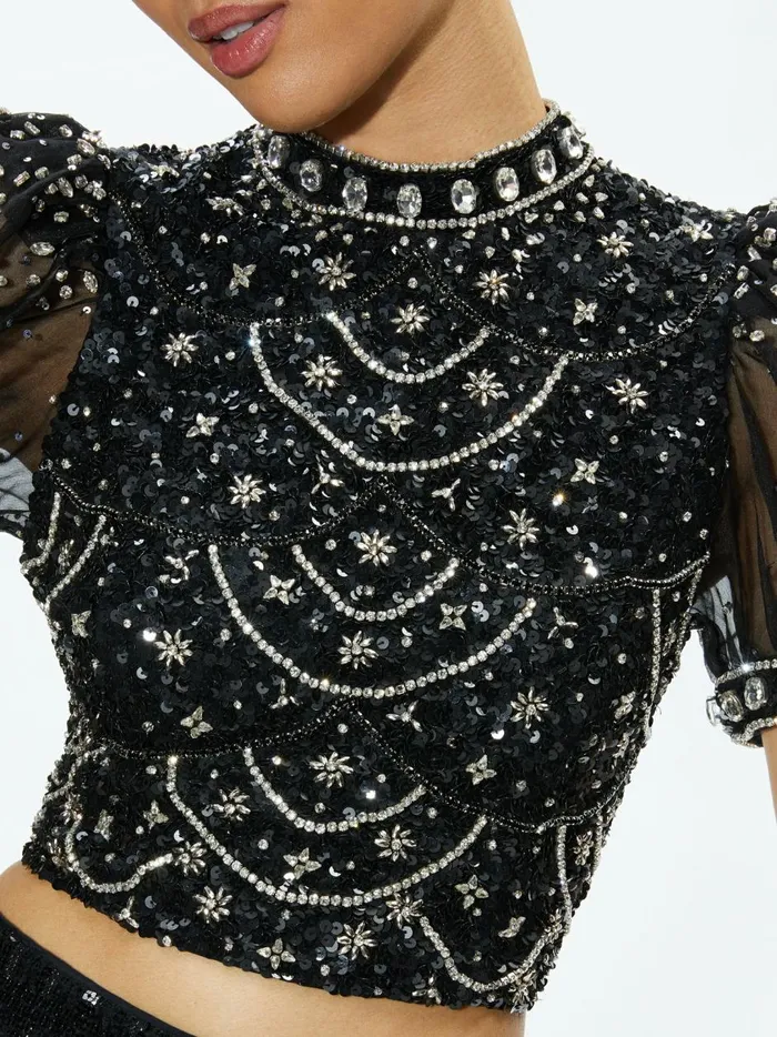 Womens Tops Alice Olivia Kristina Embellished Puff Sleeve Crop Top Blackmulti