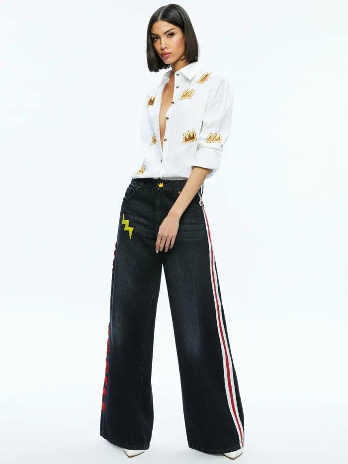 Womens Tops Alice Olivia X Basquiat Finely Embellished Button Down Off White Multi Womens Tops Alice Olivia X Basquiat Finely Embellished Button Down Off White Multi