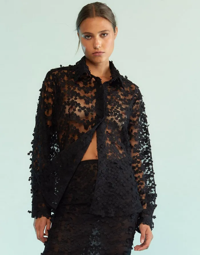 3d Embroidered Tulle Button Down Shirt 8211 Black Women Cynthia Rowley Tops
