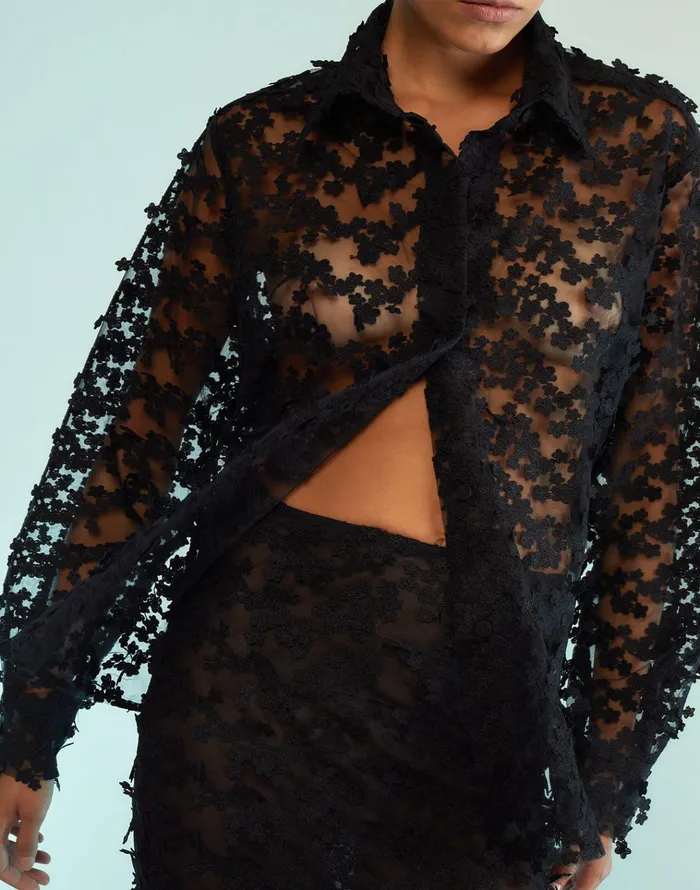 3d Embroidered Tulle Button Down Shirt 8211 Black Women Cynthia Rowley Tops