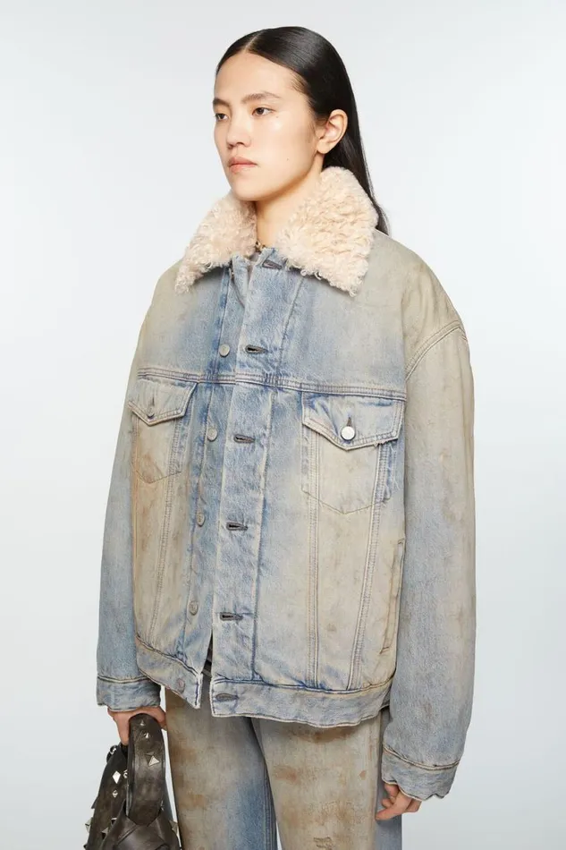 Acne Studios Denim Fur Trim Jacket 8211 Oversized Fit Mid Blue Woman Outerwear