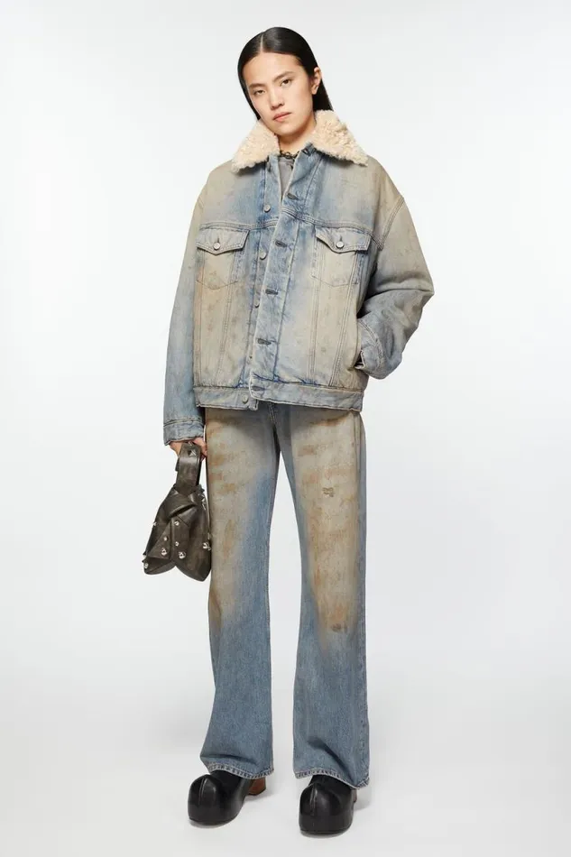 Acne Studios Denim Fur Trim Jacket 8211 Oversized Fit Mid Blue Woman Outerwear
