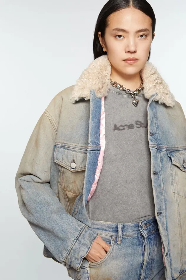 Acne Studios Denim Fur Trim Jacket 8211 Oversized Fit Mid Blue Woman Outerwear