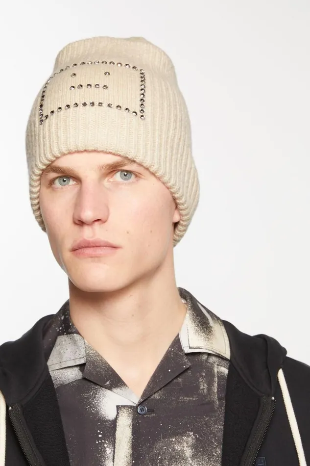 Acne Studios Embellished Face Square Beanie Oatmeal Melange Man Hats