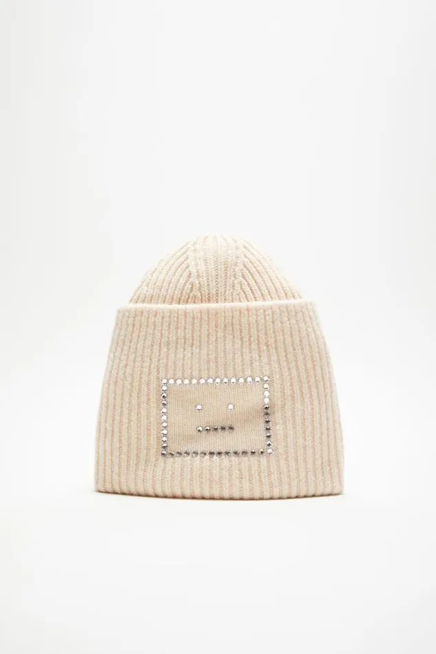 Acne Studios Embellished Face Square Beanie Oatmeal Melange Woman Hats