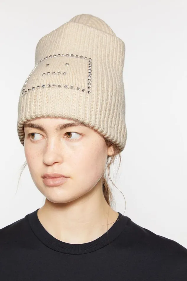 Acne Studios Embellished Face Square Beanie Oatmeal Melange Woman Hats