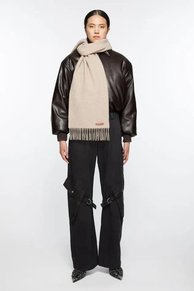 Acne Studios Fringe Wool Scarf 8211 Skinny Oatmeal Melange Woman Scarves