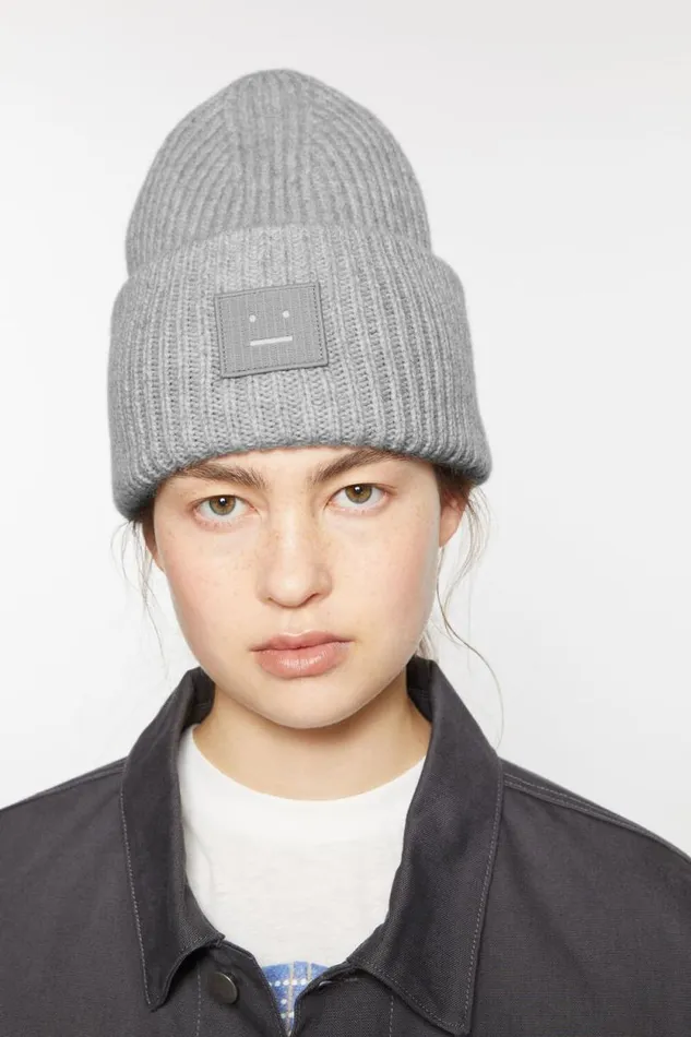 Acne Studios Large Face Logo Beanie Light Grey Melange Woman Hats