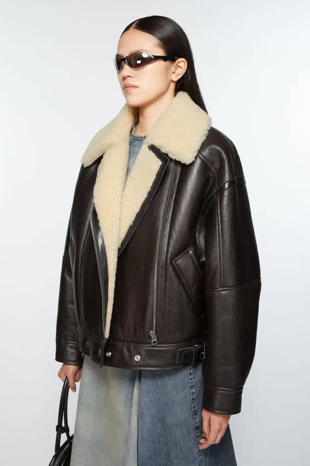 Acne Studios Leather Shearling Jacket Dark Brownbeige Woman Outerwear