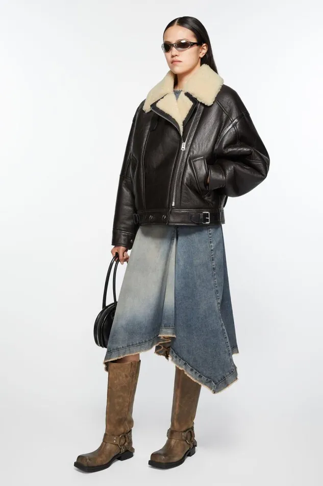 Acne Studios Leather Shearling Jacket Dark Brownbeige Woman Outerwear