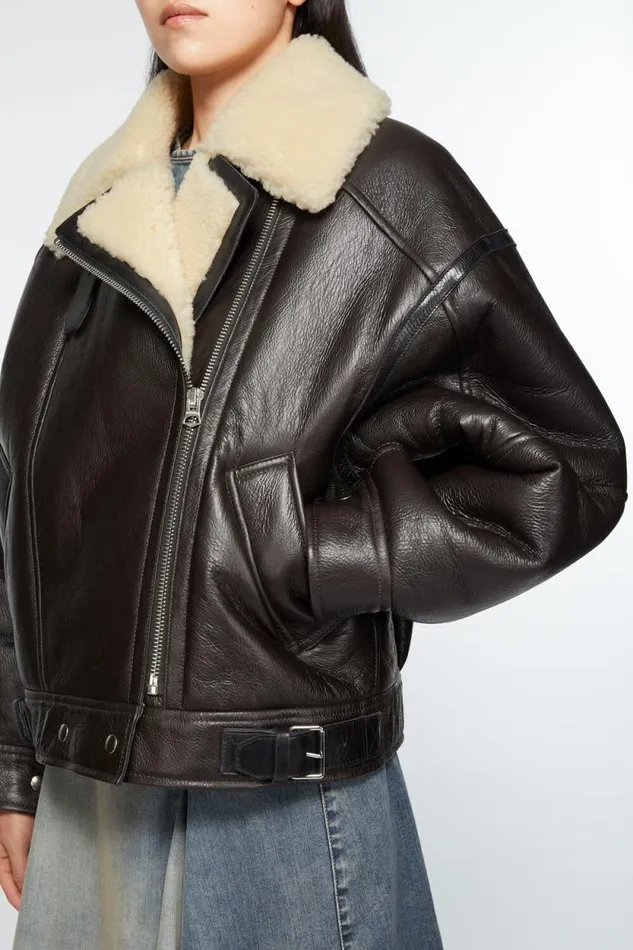 Acne Studios Leather Shearling Jacket Dark Brownbeige Woman Outerwear