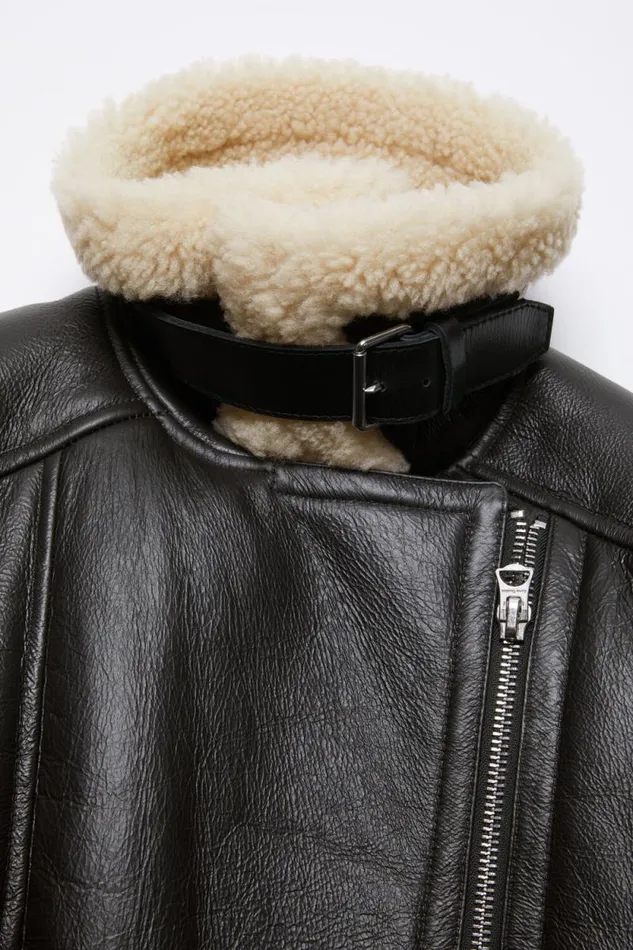 Acne Studios Leather Shearling Jacket Dark Brownbeige Woman Outerwear