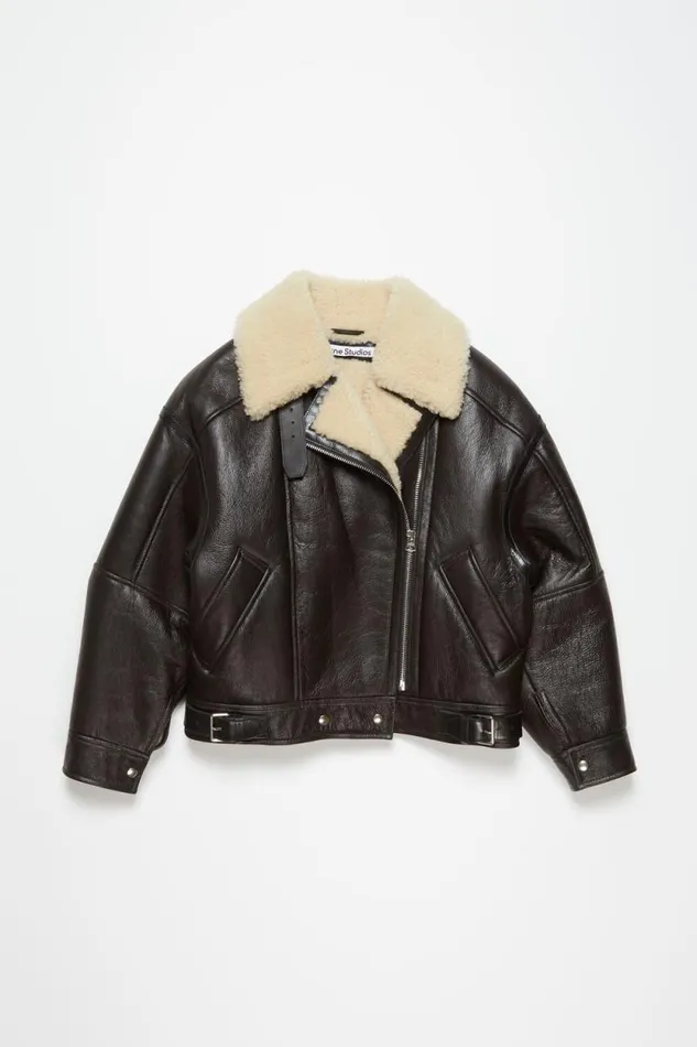 Acne Studios Leather Shearling Jacket Dark Brownbeige Woman Outerwear
