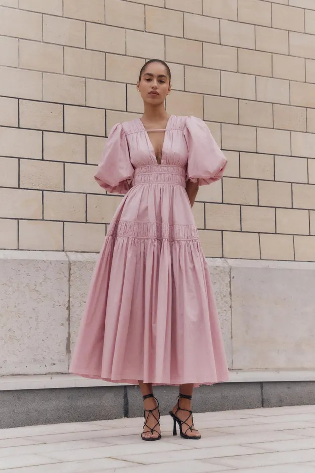 Aje Dresses Fallingwater Ruched Midi Dress Chalk Pink 8211 Women Aje Dresses Fallingwater Ruched Midi Dress Chalk Pink 8211 Women