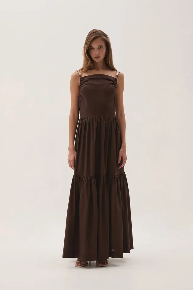 Aje Dresses Marley Tiered Maxi Dress Chocolate 8211 Women Aje Dresses Marley Tiered Maxi Dress Chocolate 8211 Women