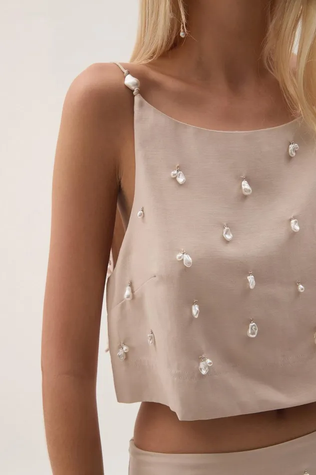 Aje Tops Akoya Crop Top Oatmeal 8211 Women Aje Tops Akoya Crop Top Oatmeal 8211 Women