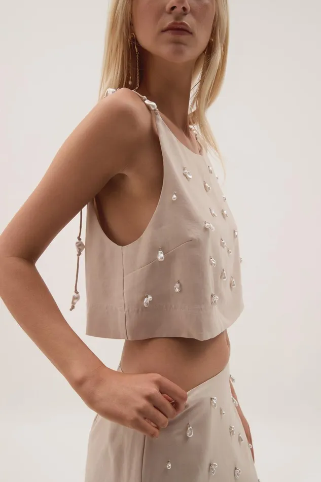 Aje Tops Akoya Crop Top Oatmeal 8211 Women Aje Tops Akoya Crop Top Oatmeal 8211 Women