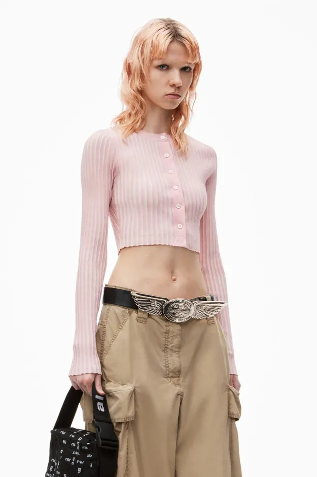 Alexander Wang Sweaters Women Shrunken LongSleeve Cardigan In RibKnit