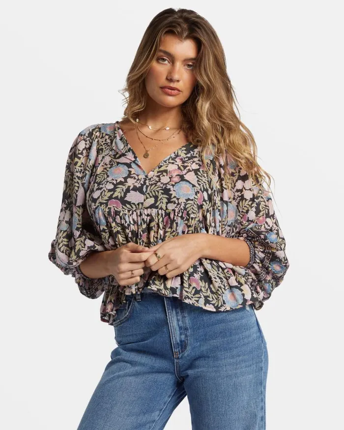 Billabong Tops Adore You Blouson Sleeve Shirt Black Sands 8211 Women Billabong Tops Adore You Blouson Sleeve Shirt Black Sands 8211 Women