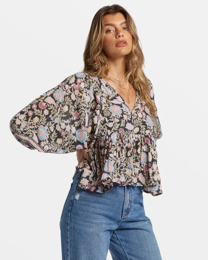 Billabong Tops Adore You Blouson Sleeve Shirt Black Sands 8211 Women Billabong Tops Adore You Blouson Sleeve Shirt Black Sands 8211 Women