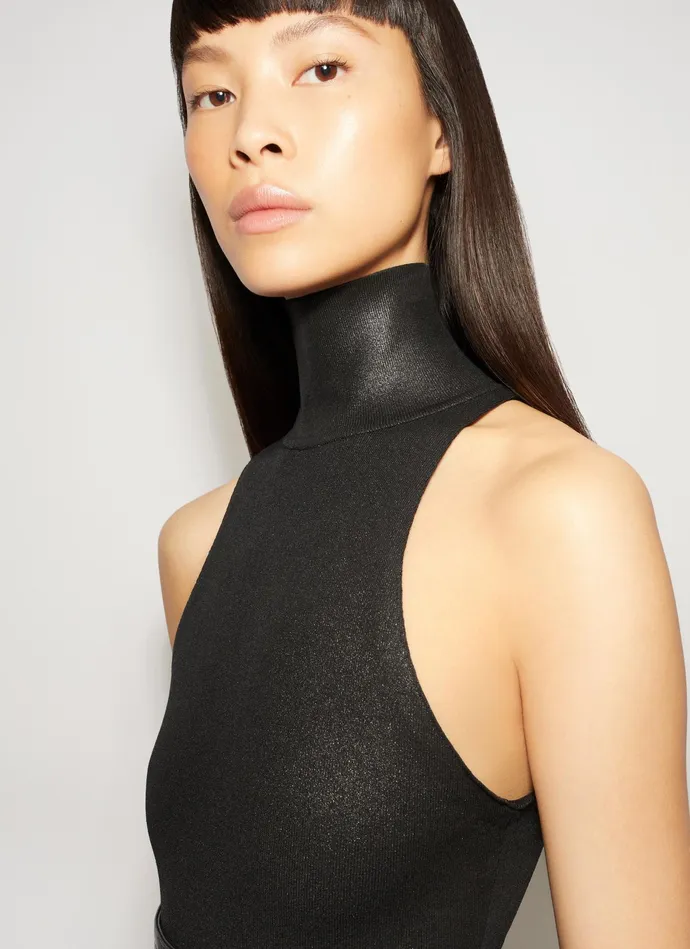 Black HIGH NECK COATED BODY Women Alaa Bodysuits and Leggings