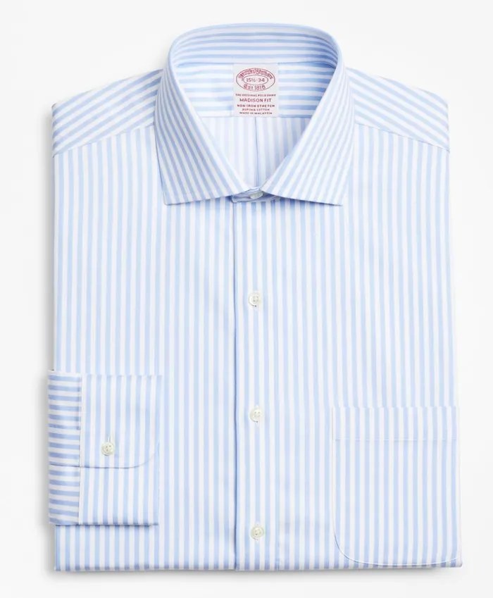 Brooks Brothers Dress Shirts Stretch Madison ClassicFit Dress Shirt NonIron Twill English Collar Bold Stripe Light Blue 8211 Men