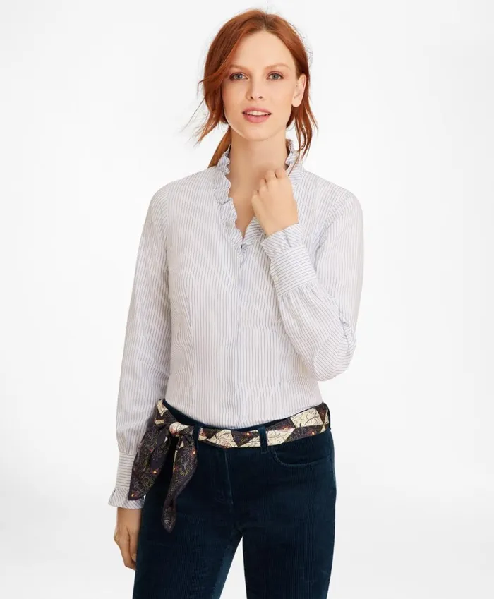 Brooks Brothers Shirts and Tops NonIron Striped Supima Cotton RuffleCollar Blouse Bluewhite 8211 Women Brooks Brothers Shirts and Tops NonIron Striped Supima Cotton RuffleCollar Blouse Bluewhite 8211 Women