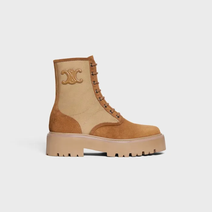 Celine Bulky LaceUp Boot With Triomphe In Nylon and Suede Calfskin Dark Beige Women CELINE BOOTS AND ANKLE BOOTS Celine Bulky LaceUp Boot With Triomphe In Nylon and Suede Calfskin Dark Beige Women CELINE BOOTS AND ANKLE BOOTS