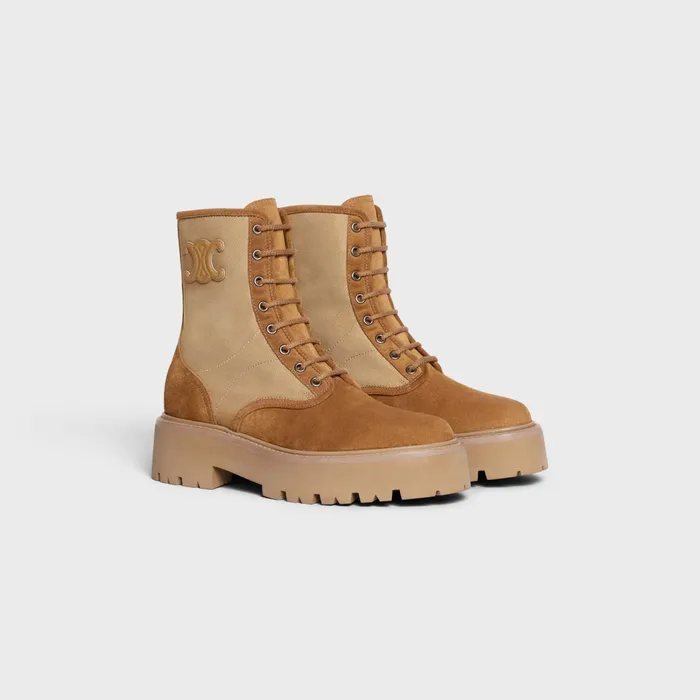 Celine Bulky LaceUp Boot With Triomphe In Nylon and Suede Calfskin Dark Beige Women CELINE BOOTS AND ANKLE BOOTS