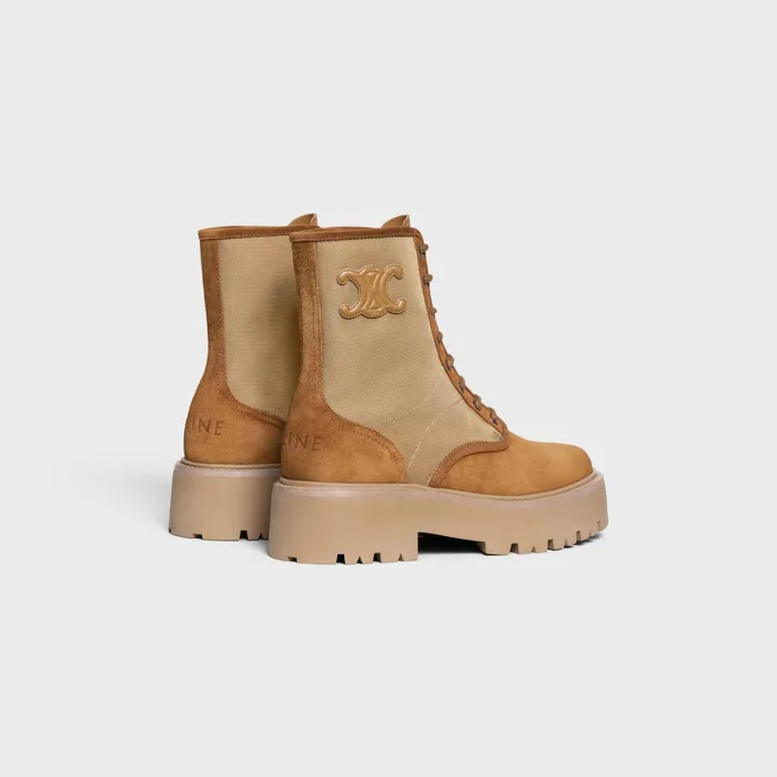 Celine Bulky LaceUp Boot With Triomphe In Nylon and Suede Calfskin Dark Beige Women CELINE BOOTS AND ANKLE BOOTS