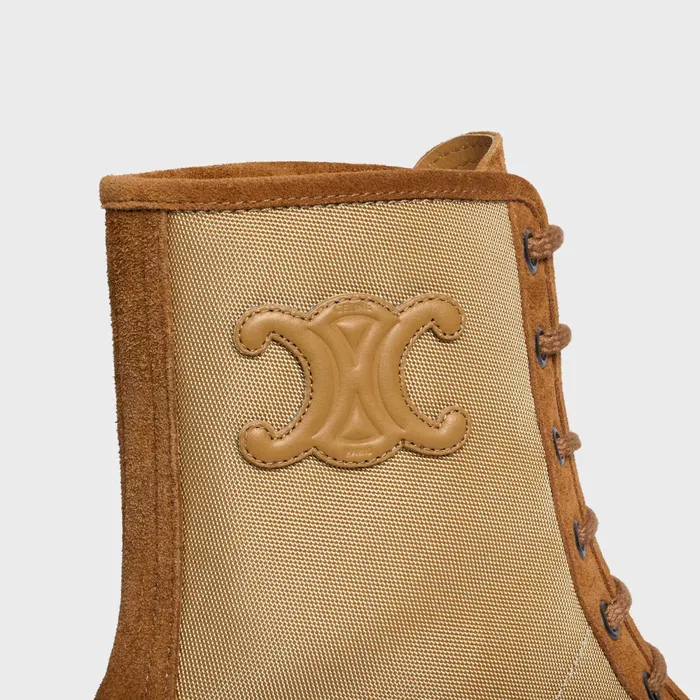 Celine Bulky LaceUp Boot With Triomphe In Nylon and Suede Calfskin Dark Beige Women CELINE BOOTS AND ANKLE BOOTS