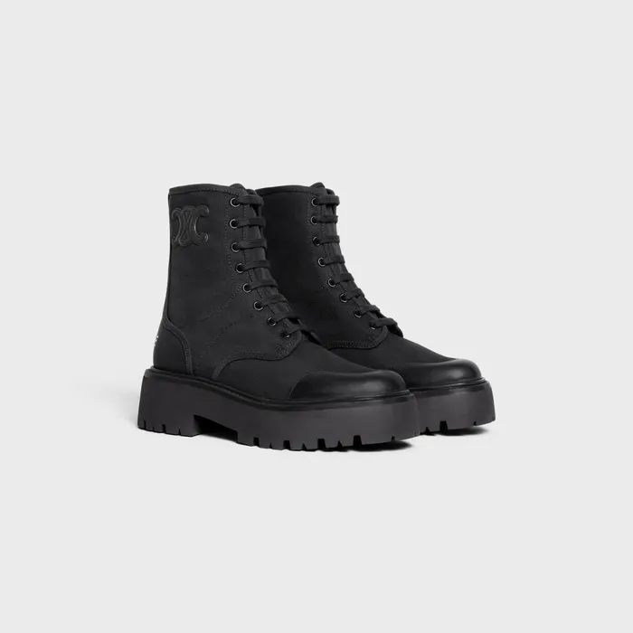 Celine Bulky Laced Up Boot In Nylon And Shiny Bull Black Women CELINE BOOTS AND ANKLE BOOTS