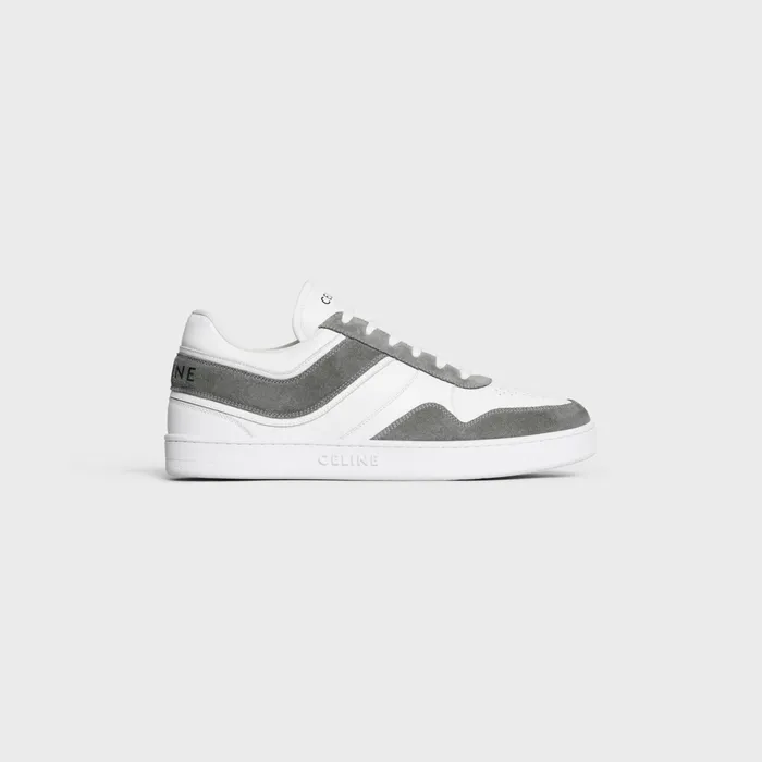 Celine Trainer Low LaceUp Sneaker In Suede Calfskin And Calfskin Greyoptic White Men CELINE SNEAKERS