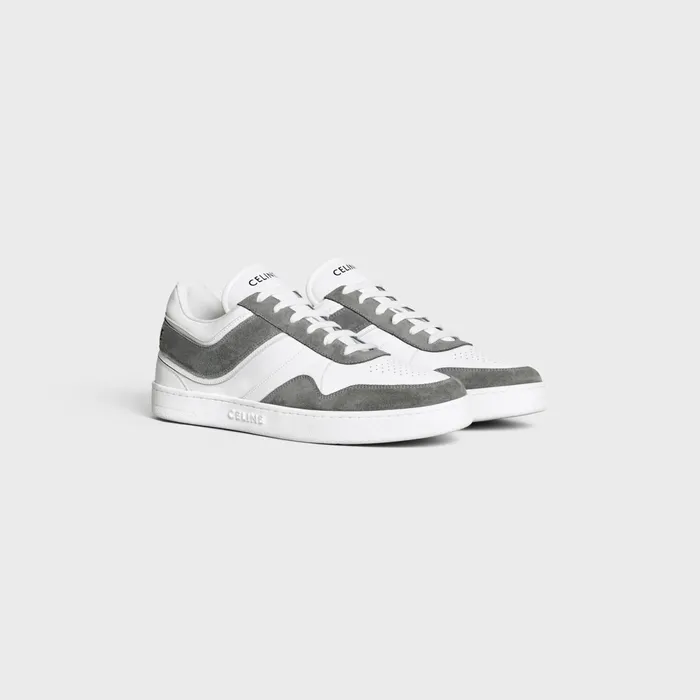 Celine Trainer Low LaceUp Sneaker In Suede Calfskin And Calfskin Greyoptic White Men CELINE SNEAKERS