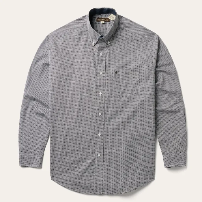 Classic Cut Men Stetson Grey Geo Print Button Front Shirt Grey