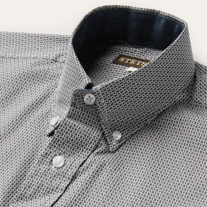 Classic Cut Men Stetson Grey Geo Print Button Front Shirt Grey