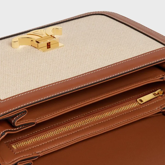 Classique Triomphe Bag In Textile And Calfskin Natural Tan Women CELINE TRIOMPHE Classique Triomphe Bag In Textile And Calfskin Natural Tan Women CELINE TRIOMPHE