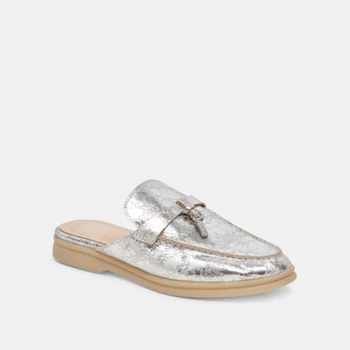 Dolce Vita Lasail Flats Silver Distressed Leather Women Flats and Loafers