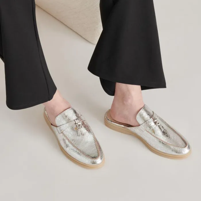 Dolce Vita Lasail Flats Silver Distressed Leather Women Flats and Loafers