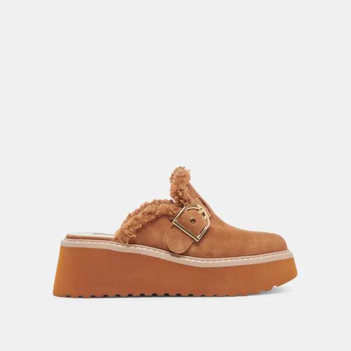 Dolce Vita Lelani Plush Flats Pecan Suede Women Mules and Clogs