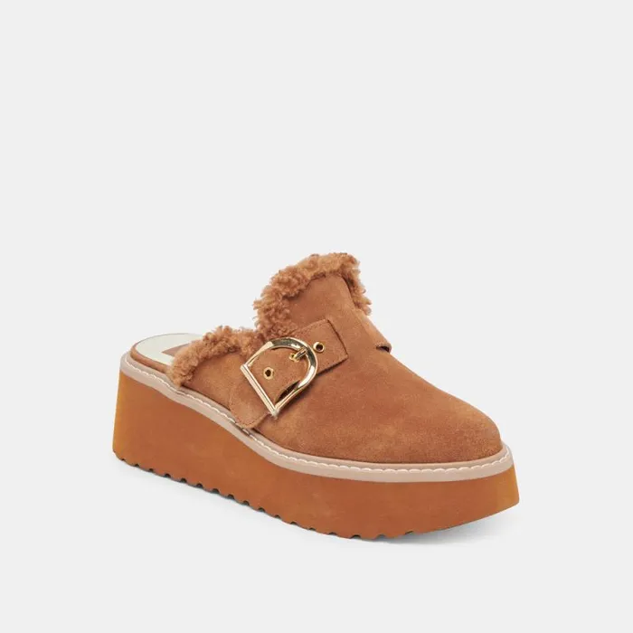 Dolce Vita Lelani Plush Flats Pecan Suede Women Mules and Clogs